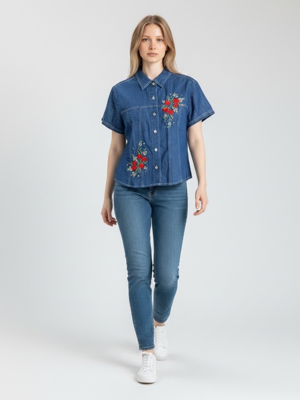 BILA Embroidered Denim Shirt Women’s Large Floral Rose Western Boho Y2K Top